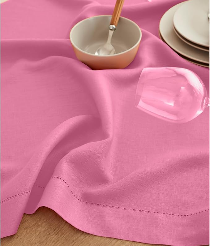 Solino Home Linen Flamingo Pink Table Runner 144 Inches Long - 100% Pure Linen Extra Long Table Runner 14 x 144 Inch for Valentines, Spring, Easter - Classic Hemstitch
