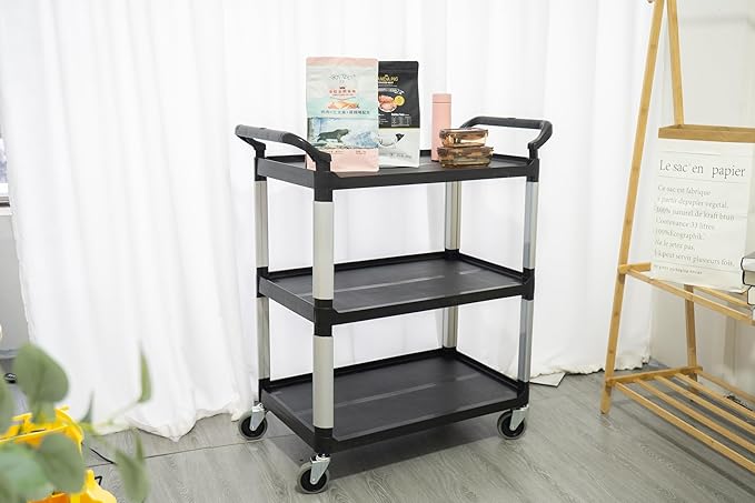 Matthew Plastic Large Utility Carts with Wheels,Heavy Duty 400lbs Capacity Rolling Service Cart,3-Tier Restaurant Food Cart with Hammer for Office,Warehouse,Garage - 2 Handles Black 41"H x 38"W x 20"D