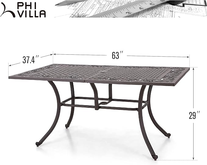 PHI VILLA Cast Aluminum Rectangular Patio Dining Tables for 6 Person, 64" x 37" Engraved Cast-Top Aluminum Table with 2.3" Umbrella Hole, Lawn Garden Tables for All Weather