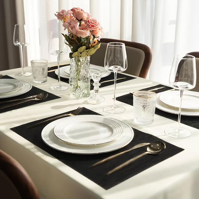 Placemats Set of 8 Vinyl/Plastic Woven Place Mats for Kitchen Table Indoor/Outdoor Washable Placemat Wipeable Dining Table Mats (Full Black,8)
