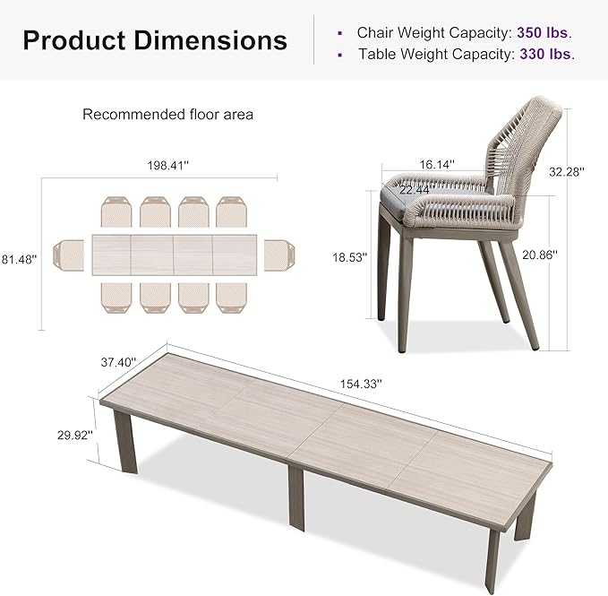 PURPLE LEAF 11 Pieces Patio Dining Set Aluminum Oversize Rectangular Table and Wicker Chairs with Cushions for Kitchen Porch Garden Modern Outdoor Furniture Sets, Light Grey