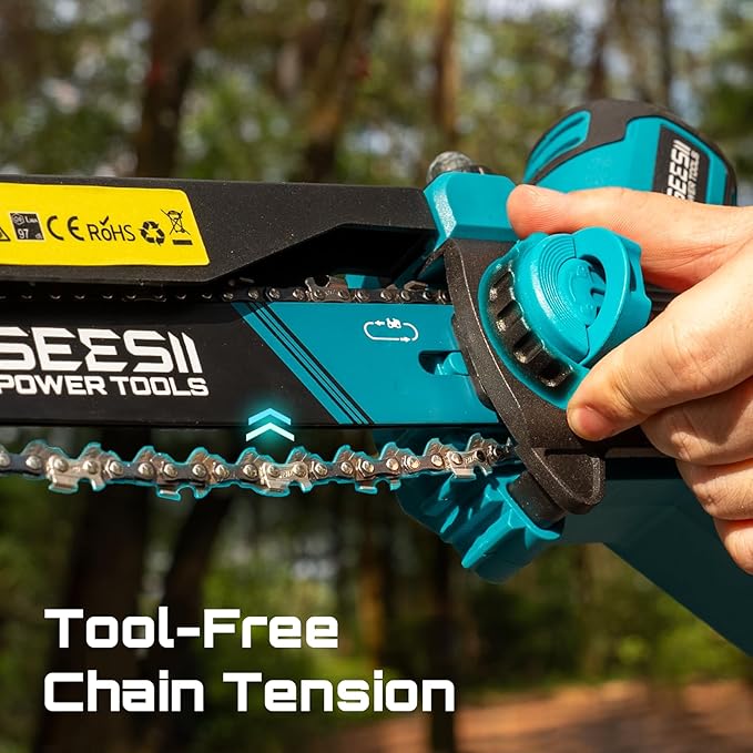 SEESII 8-Inch Cordless Mini Chainsaw, 2025 Upgraded Brushless Motor, Electric Chainsaw with 2×4000mAh Batteries, Tool-Free Chain Tension & Oiler, Handheld Saw for Fast Tree Branch Cutting（M8 Boost）