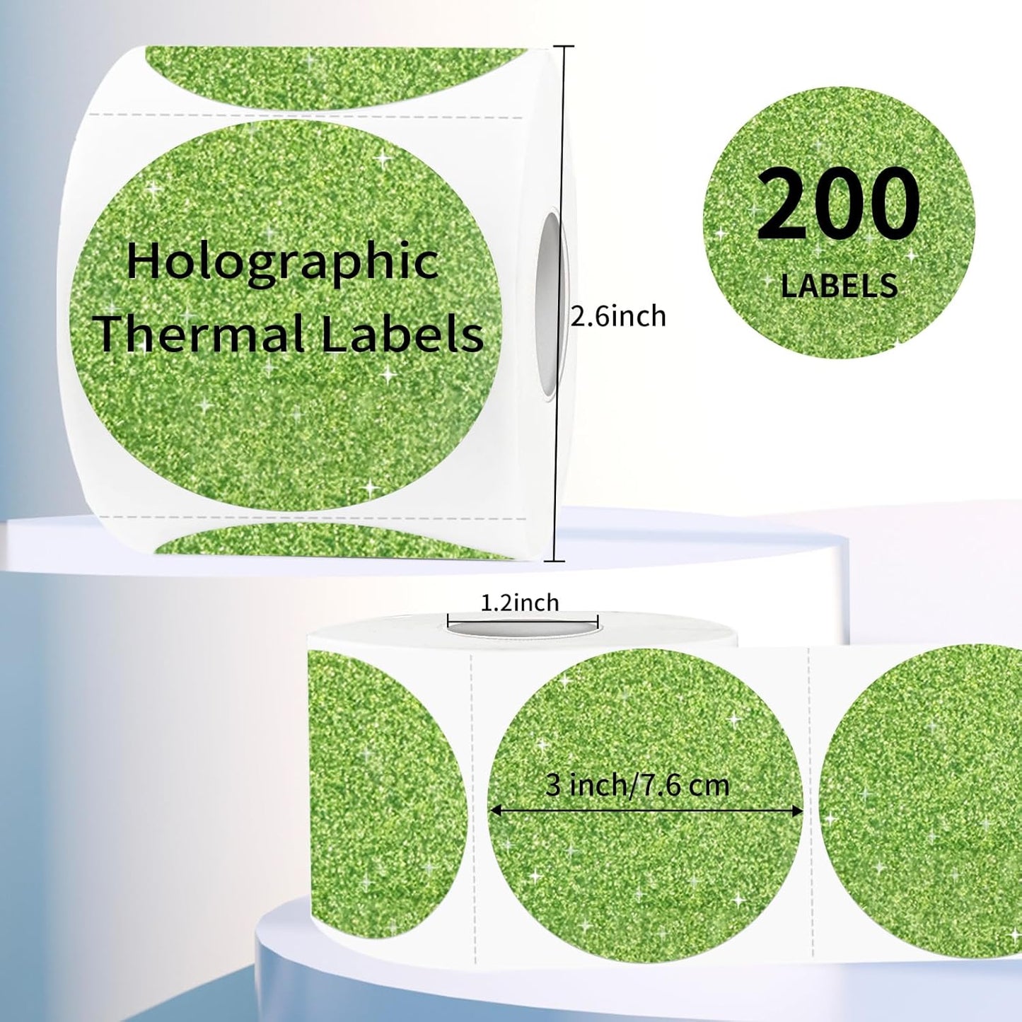 3" Holographic Thermal Label Stickers, Round Direct Thermal Label Stickers, Glitter Thermal Printer Sticker Labels for Gift Wrapping, Self-Adhesive Custom Logo Design- Glitter Green