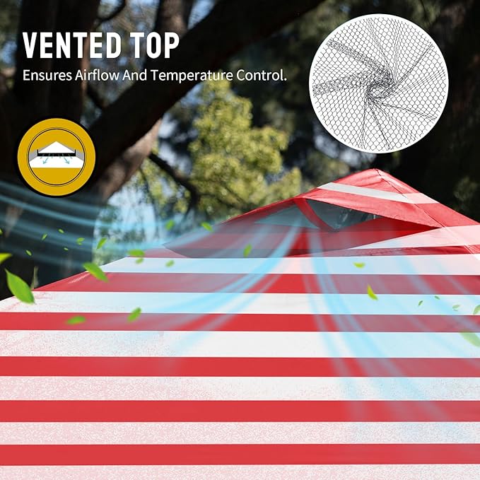 CROWN SHADES 10x10 Pop Up Canopy - Beach Tent with One Push Setup - Easy Outdoor Sun Shade for Events, Parties, Camping - Gazebo with STO-N-Go Cover Bag, Silver Coated Top, Red Strips