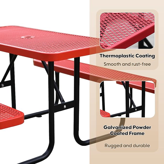 4FT Rectangular Metal Picnic Table for Outdoors, Commercial Steel Metal Picnic Tables, Heavy Duty Sturdy Picnic Tables Furniture Set for Patio Garden Courtyard BBQ, with Umbrella Hole, Red