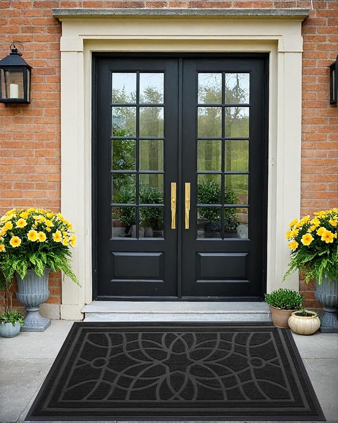 DEXI Front Door Mat Outside Entrance, Heavy Duty Non Slip Low Profile Doormat for Entryway, Trap Dirt and Moisture Welcome Mats, Easy Clean, Patio, Garage, 17x29, Black
