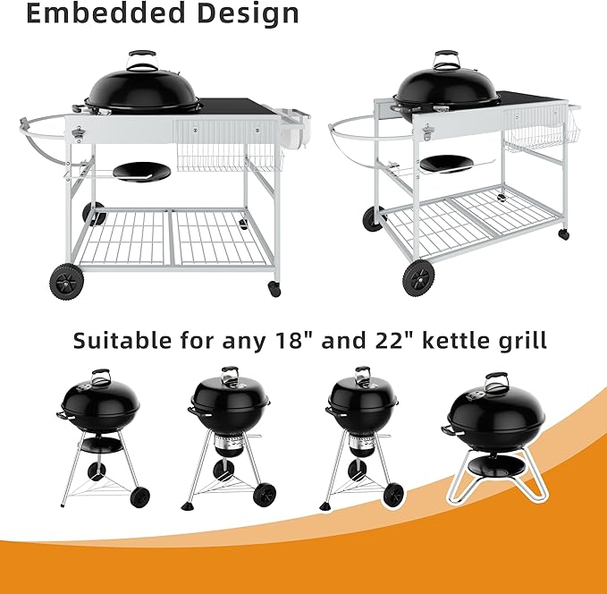Vongrasig Grill Cart for Weber Kettle 18" & 22", Charcoal Grill Table, Outdoor Kitchen Island with Storage for Jumbo Joe,Master-Touch Charcoal Grill, Silver