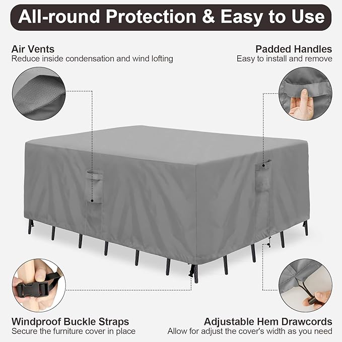 PureFit Patio Furniture Covers, Outdoor Table Furniture Cover Waterproof, Patio Sectional Couch Set Cover for Deck, Lawn and Backyard, UV Resistant, 126"L x 126"W x 32"H, Gray
