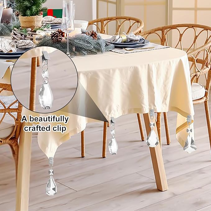 16 PCS Table Cloth Weights, Crystal Tablecloth Hangers with Metal Clips, Glass Heavy Duty Teardrop Tablecloth Hooks for Party Decorations, Outdoor Picnics, Family Dinners, Party Scene, (Clear)