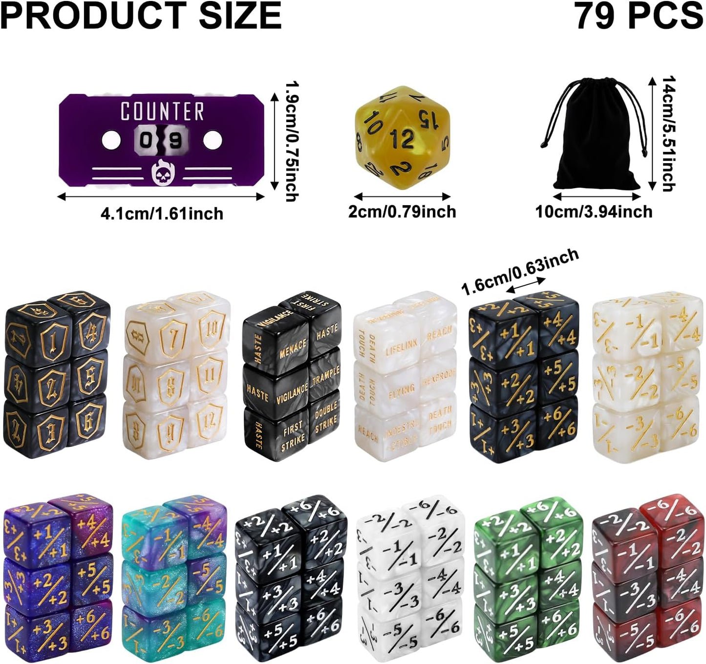 79PCS MTG Dice Counters Bulk Ability Keywords Dice Set, MTG Health Tracker Life Counter Plus 1/+1 Shield Buff Tokens for TCG Magic Card Games Accessories CCG Creature Stats