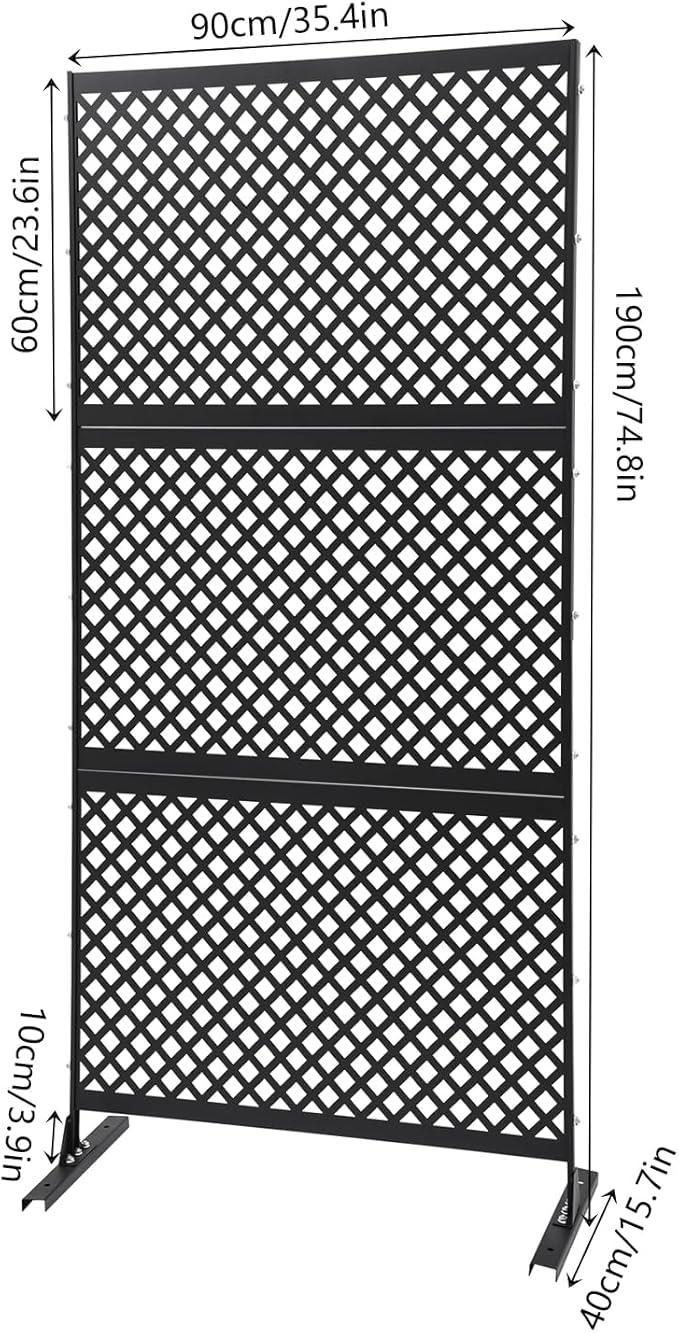 75" H×35" W Decorative Outdoor Privacy Screen with Stand, Outdoor Decor Privacy Fence Screen Metal Fence Panels, Free Standing Metal Divider for Patio Lawn Deck (Black-Small Square)
