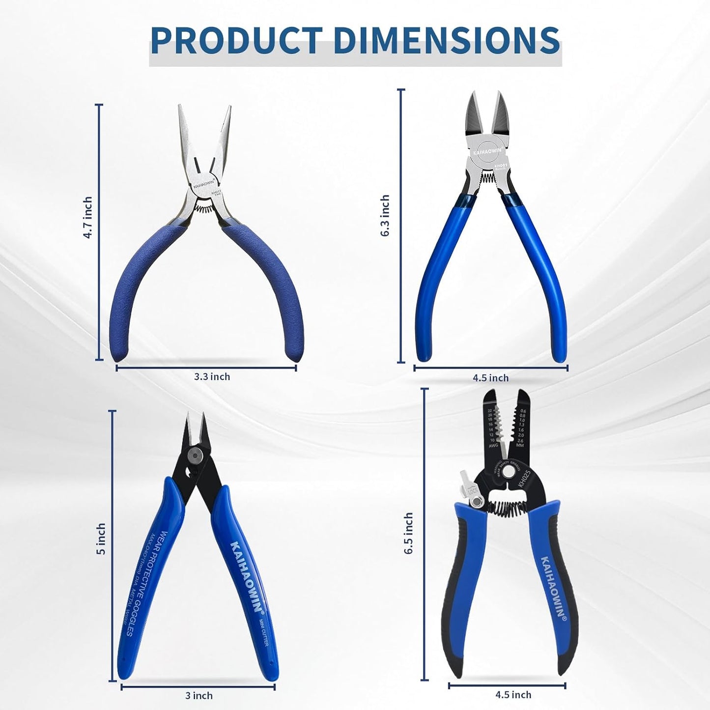 KAIHAOWIN 4-Piece Pliers Set, 5" Long Nose, 5" Flush Cutters, 6" Wire Cutter, 7" Wire Strippers, Small Hand Tools for Crafting Repairing Cutting