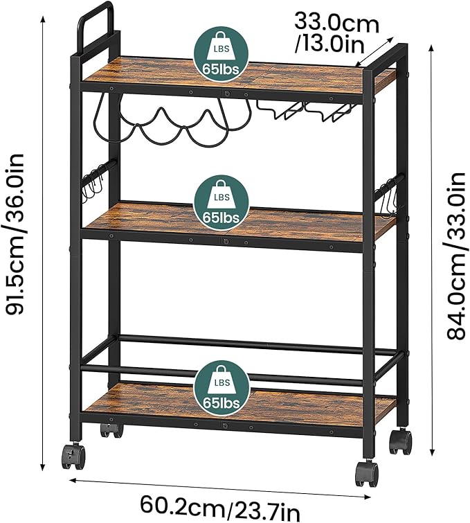 Bar Cart, Serving Cart for Home, Microwave Cart, Drink Cart, Mobile Kitchen Shelf with Wine Rack and Glass Holder, Rolling Beverage Cart for Dining Room(Rustic Brown and Black)