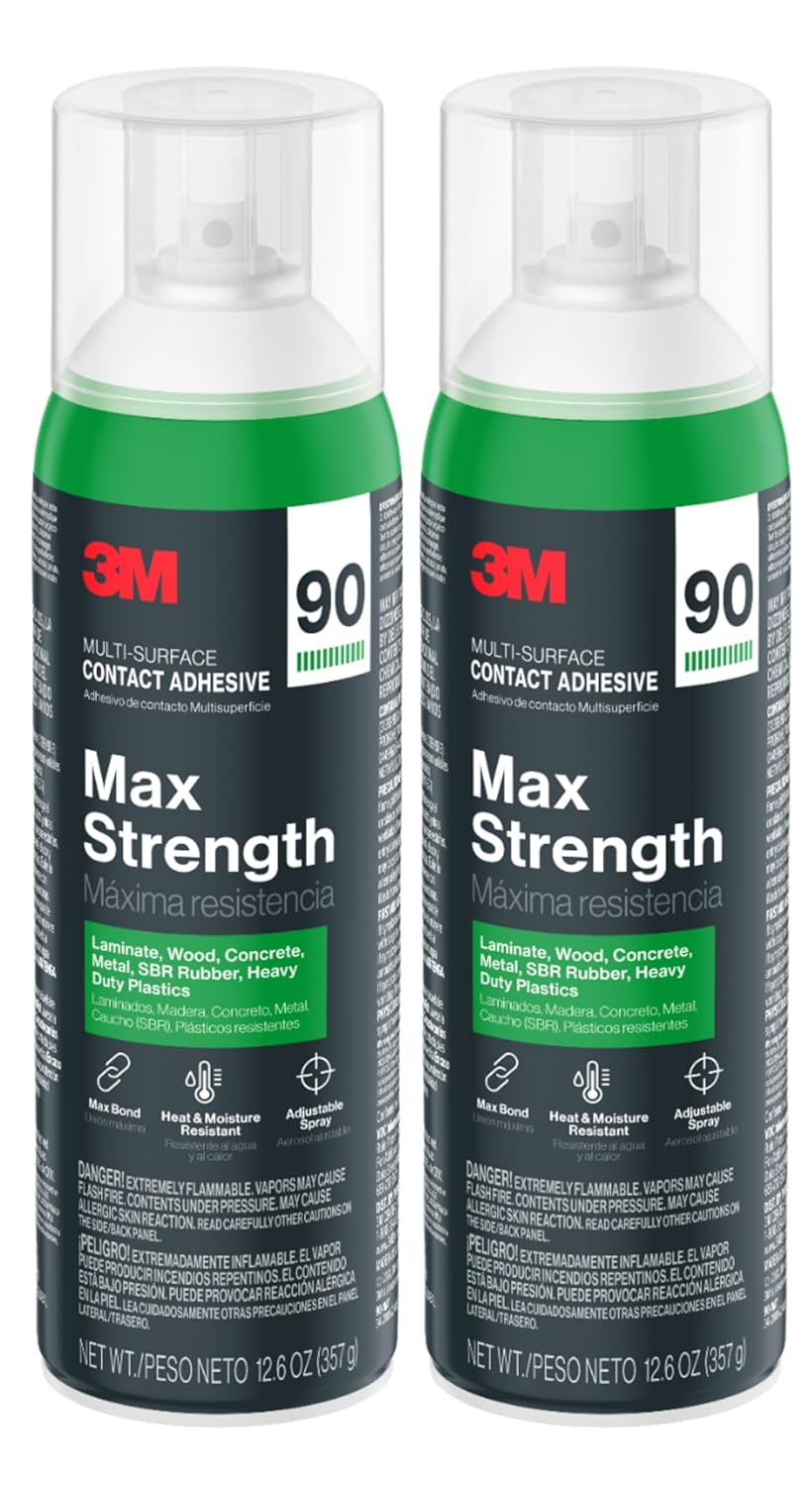 3M Max Strength 90 Contact Adhesive Spray, 12.6 oz (Pack of 2) – Low VOC Heavy Duty Glue with Adjustable Nozzle, Heat & Water Resistant Bond for Metal, Wood, Plastic, Laminate, Concrete