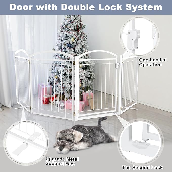 Full Metal Free Standing Dog Gate with Door for Outdoor Indoor,96'' Extra Wide 32'' Tall Dog Gates for Doorways,Large Openings,Decks,Porch,Freestanding Portable Pet Fence(4 Panels,Black)