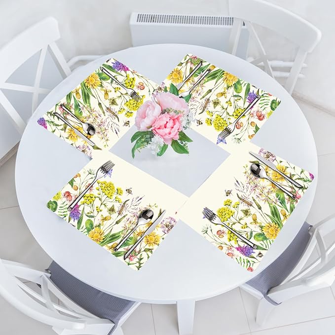 Flower Placemats Set of 4 - Floral Faux Leather Heat Resistant Placemats for Dinner Table, Non-Slip Waterproof Oil-Proof Washable Reusable Placemat for Indoor Outdoor Kitchen Decor, 15.75In*11.81In