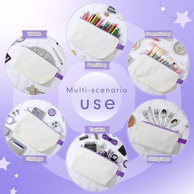 Sanwuta 24 Pcs Canvas Tote Bags Bulk with Zipper Cosmetic Bags 18.5" Cotton Canvas Bag with Handles Reusable Shopping Bags