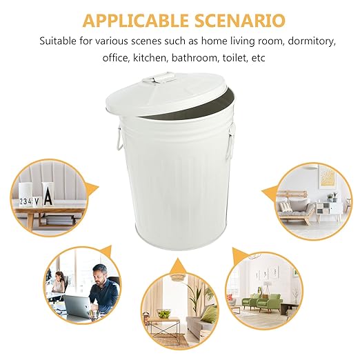 Wakauto Round Trash Can with Lid 8L Kitchen Waste Container Metal Recycling Bin for Bedroom Outdoor Office Home Use Beige