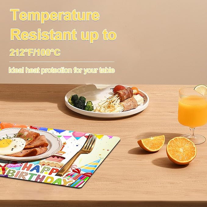 Birthday Placemats Set of 4 - Faux Leather Heat Resistant Placemats for Dinner Table, Non-Slip Waterproof Oil-Proof Washable Reusable Placemat for Indoor Outdoor Kitchen Decor, 15.75In*11.81In