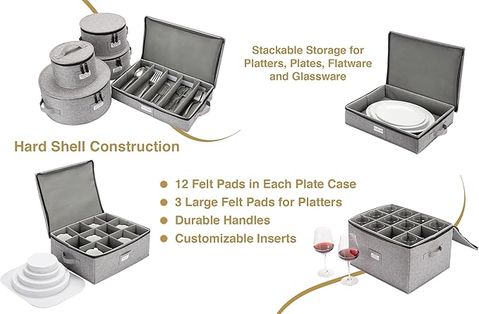 8pcs Hard Shell China Dinnerware Storage Containers with Lid - Heavy Duty Mug, Wine Glass, Platter, Silverware and Plate Storage Box