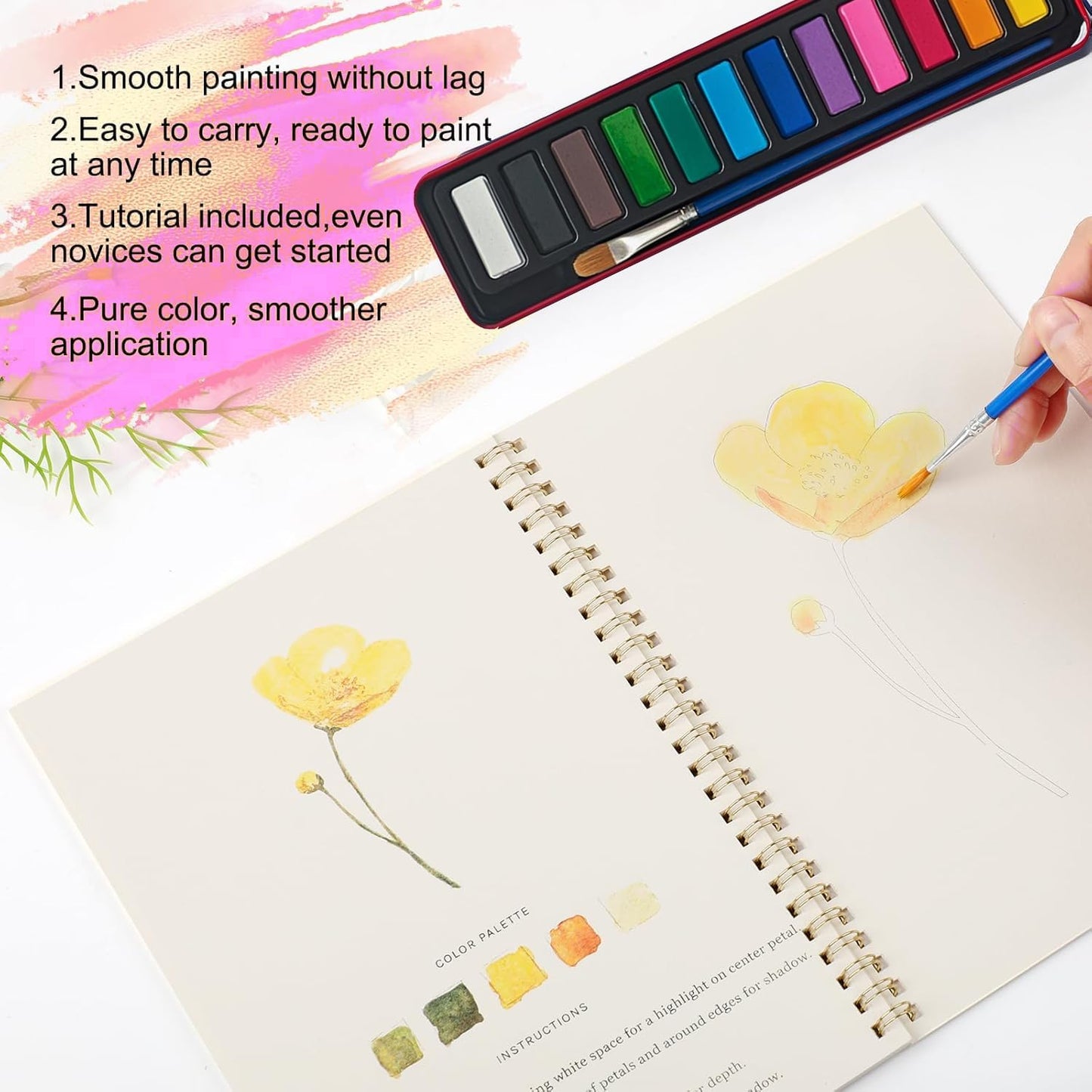 Watercolor Workbooks, Beginner Watercolor Painting Kit – 12 Colors Paint Set with Brush
