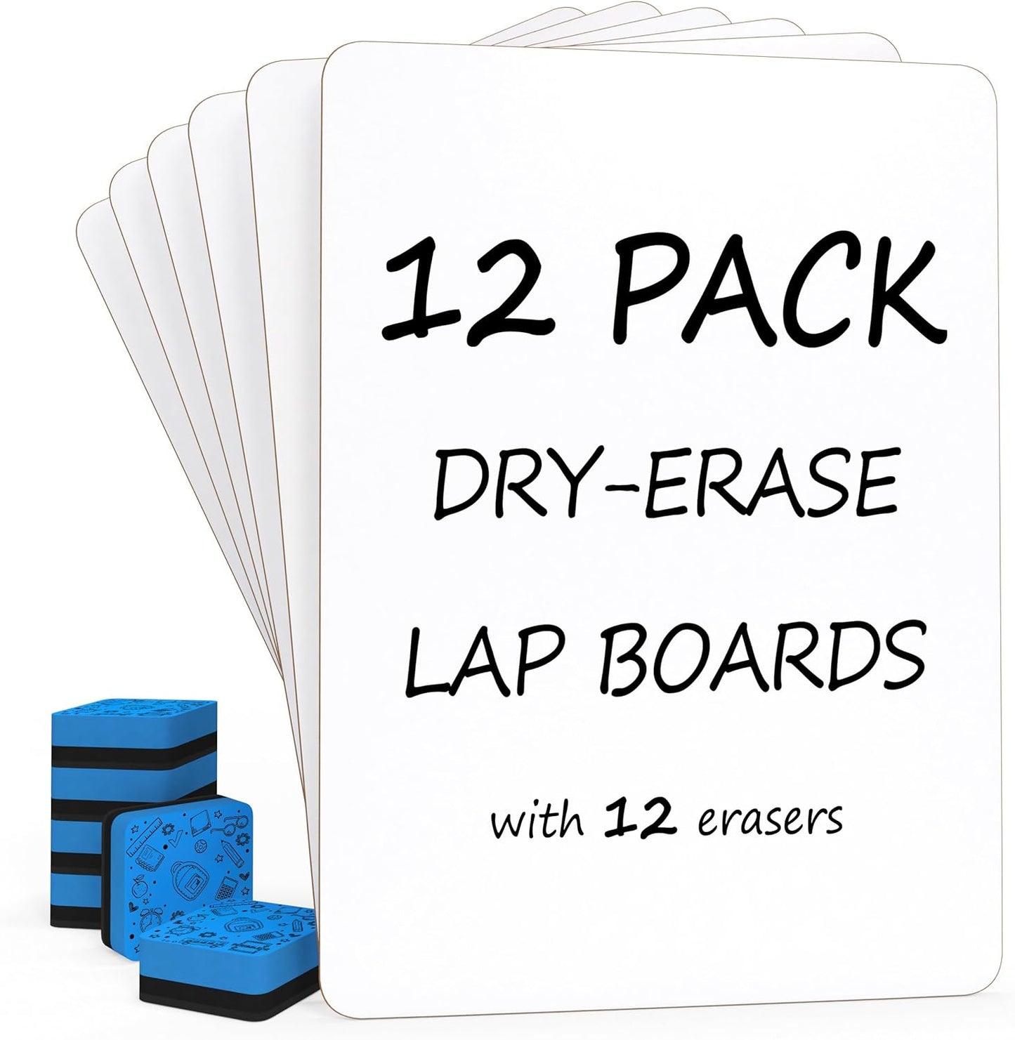 Set of 12 Small White Board Dry Erase Boards Classroom Pack Mini White Boards 9"x12” Double Sided Personal Whiteboards for Students Teachers School Supplies Lapboards l 12 Mini Whiteboard Erasers Incl