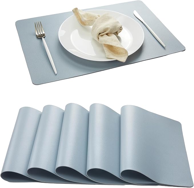 DOLOPL Faux Leather Placemats Set of 6, Wipeable Anti Slip Dining Place Mats for for Kitchen Dining Room Table Decorations, Dusty Blue Heat Resistant Table Place Mats for Indoor & Outdoor Use