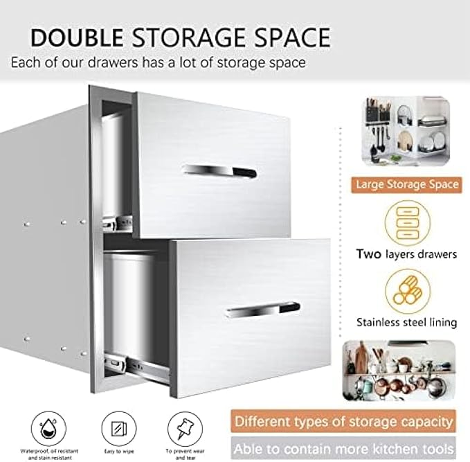 Stainless Steel Outdoor Kitchen Drawers - 3-Drawer BBQ Drawer, Built-in, Flush Mount for Outdoor Kitchens & BBQ Islands, 18Wx23Dx23H-2L