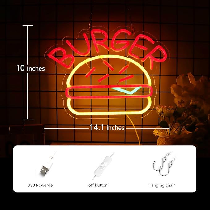 JFLLamp BURGER Neon Signs for Wall Decor Neon Lights for Bedroom Led Business Signs Suitable for Hamburger Restaurant Office Man Cave Beer Bar Pub 5V Power Adapter, 14.1 * 10 Inch(Red+ Warm White)