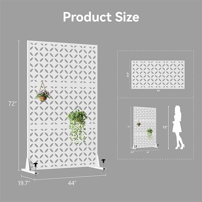 Heavy-Duty Outdoor Privacy Screen for Patio, Balcony, Backyard - 72" H * 44" W Metal Room Divider with Classic Clover Pattern, Anti-Tipping Kit, Weather Resistant, Easy Assembly (White-SYC)