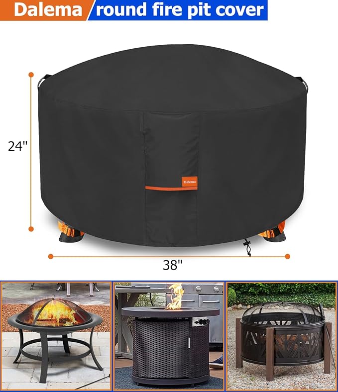 Fire Pit Cover,Outdoor Heavy Duty 600D 100% Waterproof Fire Pit Cover Round,Weatherproof Firepit Covers Round 38" Dia x 24" H,Black