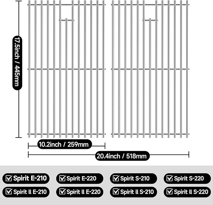 7637 17.5’’ Stainless Steel Grill Grates for Weber Spirit E210 E-220 S210 S-220 Spirit 200&Spirit II 200 Series Gas Grills with Front Control Panel, Cooking Grid for Weber Spirit 200 Series