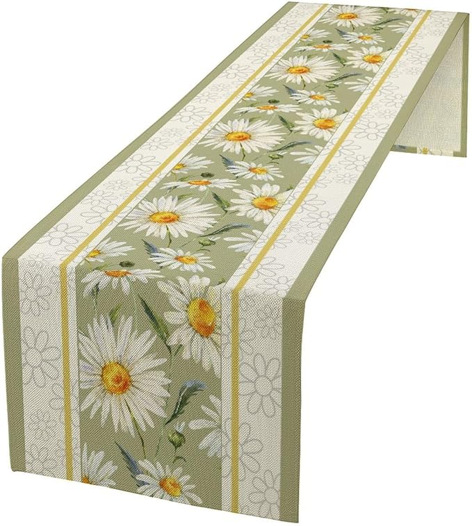 Daisy Flower Table Runner, Summer Watercolor Plants Floral Spring Garden Table Cover for Farmhouse Kitchen Dining Room Party Picnic Table Decor, 13x36inch