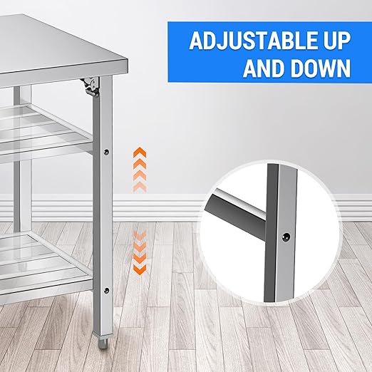 Commercial Foldable Heavy Duty Stainless Steel Table, 48 x 24 Inches Metal Prep & Work Desk with Adjustable UnderShelf and Feet for Kitchen Restaurant Home Garage Warehouse