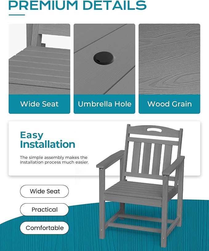 Ciokea HDPE Outdoor Dining Table with Umbrella Hole,66" Rectangle Patio Table for 6,All-Weather Outdoor Patio Furniture Set for Garden Backyard,Grey