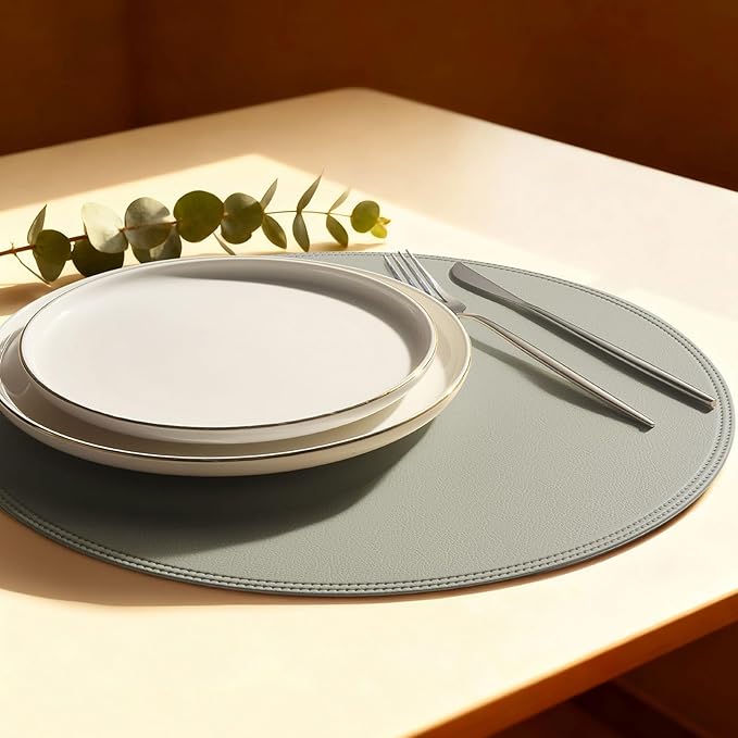 Round Vinyl Gray Placemats Set of 6, Faux Leather Waterproof Wipeable Heat Resistant Place Mats, Washable Table Mats for Halloween, Thanksgiving & Christmas Dinner(Gray)