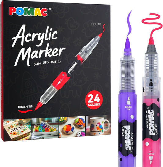 POMAC Dual Tip Acrylic Paint Markers Pens 24 Assorted Colors, Direct Liquid Acrylic Marker with Brush & Fine Tip, Water-Based Paint Marker for Fabric, Canvas, Rock, Glass, Wood, Crafts, Art Supplies