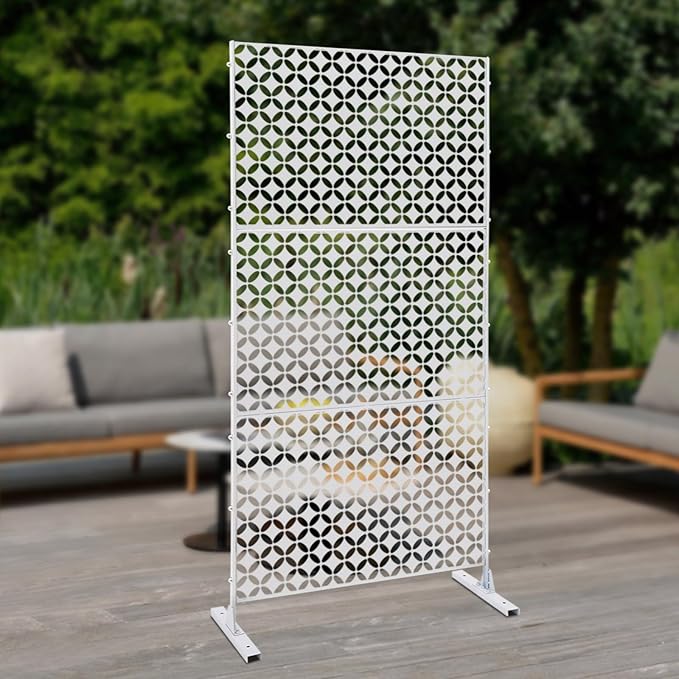 Outdoor Metal Privacy Screen with Stand, 35.4" W x 75" H Freestanding Metal Slatted Decorative Privacy Screen and Panels for Patio Garden Balcony Porch (White Star)