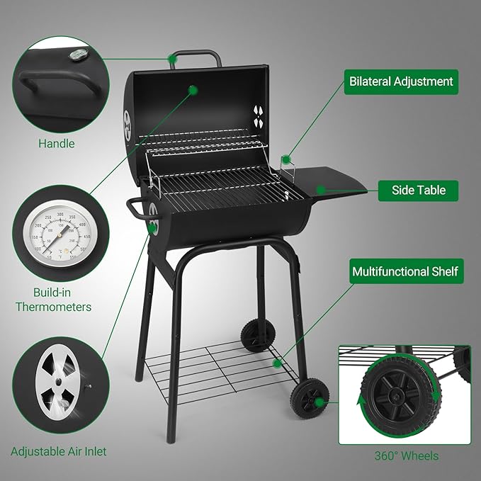 Outvita Barrel Charcoal Grill with Warming Rack, Outdoor BBQ Grill with Side Table with Nearly 268 Sq.In. Cooking Grid Area for Backyard Patio Picnic Parties Camping, Black
