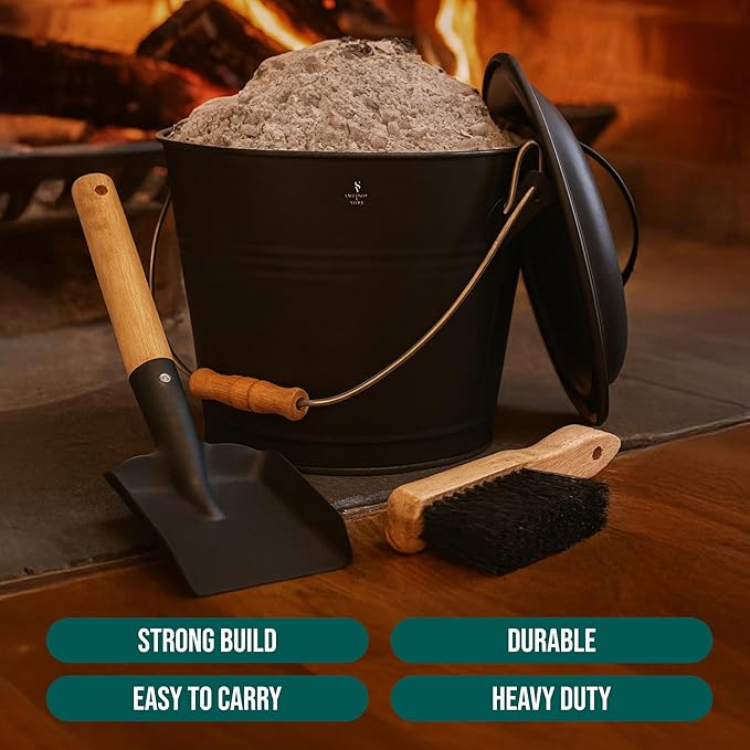 Smedley & York Mini Ash Bucket with Lid, Includes Fireplace Tools, Pail, Shovel and Broom, 1.5 Gallon Charcoal Metal Bucket with Lid, Coal Bucket and Ash Can, Galvanized Iron Ash Bucket for Fireplace