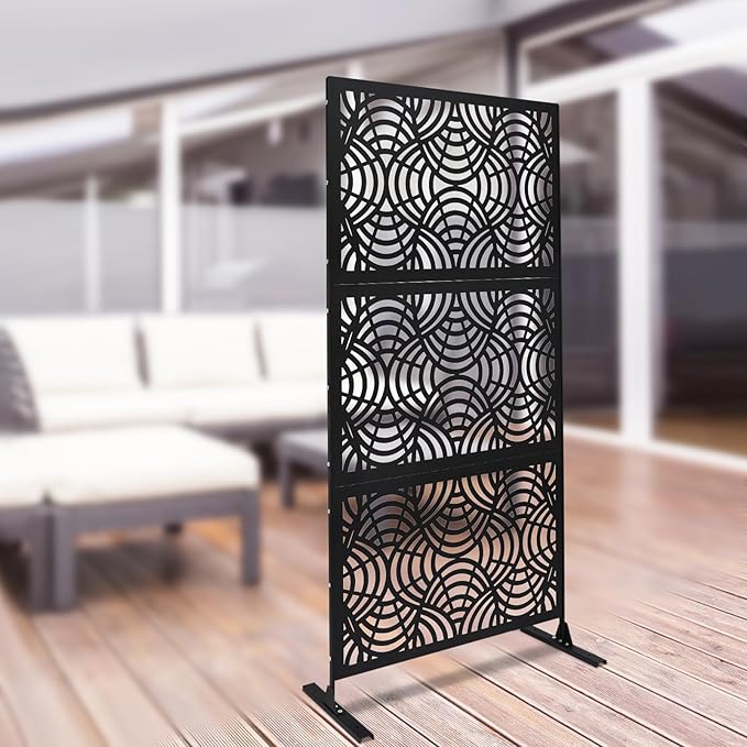 Metal Outdoor Privacy Screen with Stand,Freestanding Privacy Screen & Panels,Decorative Outdoor Divider with Stand Panels for Deck Patio Balcony (35.43 * 74.8in Black)