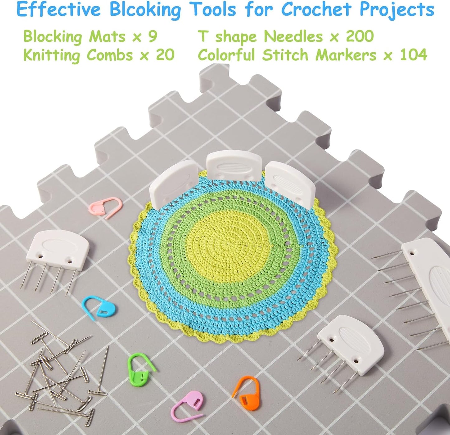 MEVOME Blocking Mats for Knitting with 20pcs Knitting Blockers 200 T-pins 104 Locking Stitch Markers, Extra Thick Block Boards with Grids Storage Bag for Needlepoint Crochet - Pack of 9 (Gray)