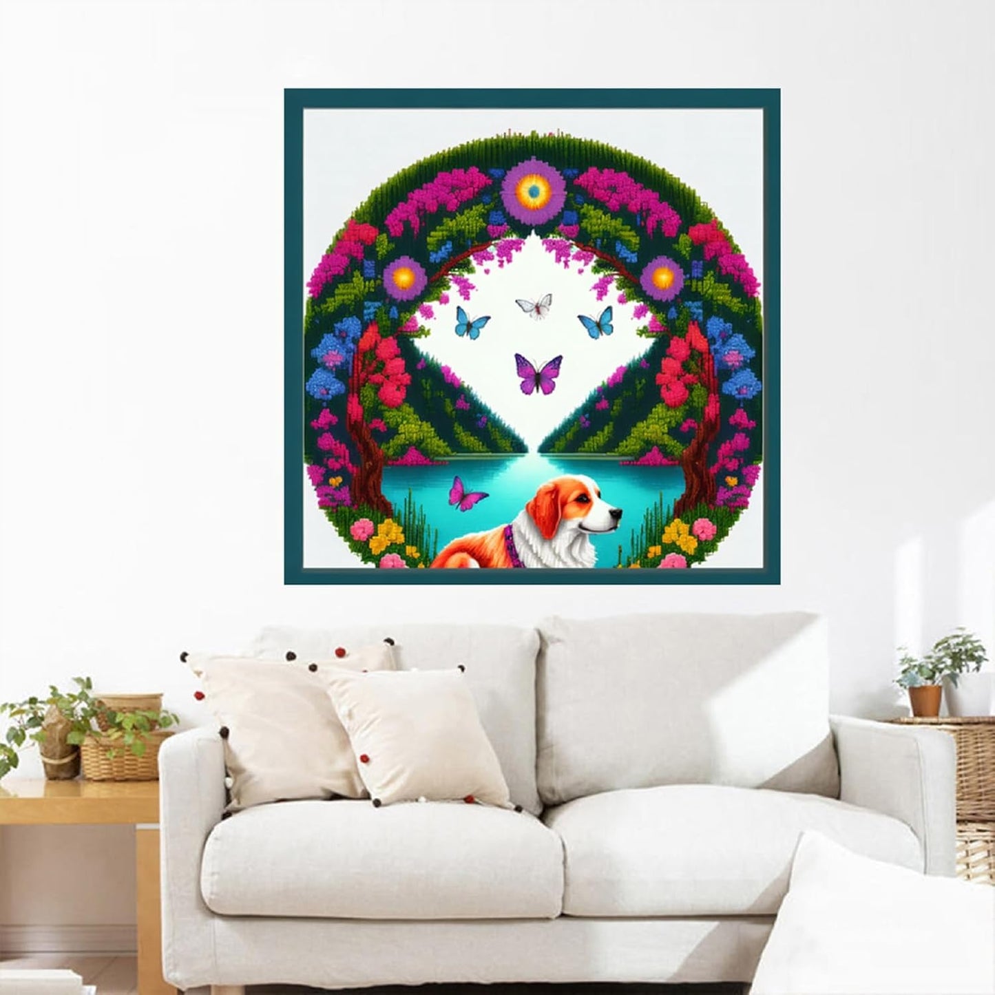 Joyhoor Cross Stitch Kits for Beginners Stamped Cross-Stitch Supplies Needlework preprint Embroidery Kits for Adults DIY Needlepoint Kits Embroidery Patterns 11CT-Wreath Puppy 17.7x17.7 inch