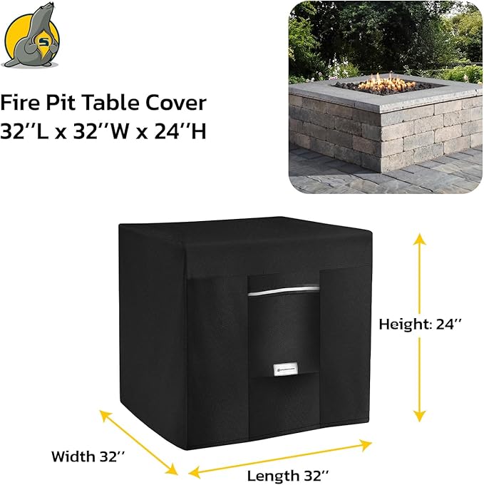 Seal Skin Covers Outdoor Fire Pit Cover – Square 32"L X 32"W X 24”H, Heavy Duty Waterproof Fabric with PVC Coating, Windproof, Tear & Weather Resistant Fire Table Cover for Patio, Black