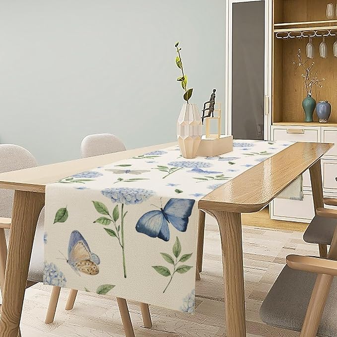 Hydrangea Butterfly Table Runner, Seasonal Spring Summer Table Runner for Holiday Kitchen Dining Home Party Outdoor 13x36in