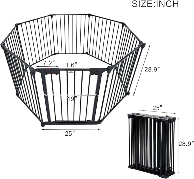 8-Panel Configurable Metal Safety Gate Play Yard - 200" Adjustable Pet Fence with Walk-Through Door for Stairs, Fireplace, Christmas Tree - Indoor Foldable Child Barrier, Black