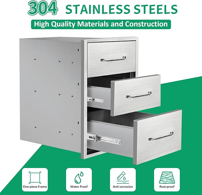 Outdoor Kitchen Drawers 15.7" W x 21.6" H x 17.7" D Stainless Steel Triple Drawers with Ergonomic Handle for BBQ Island, Patio Grill Station & Outdoor Kitchen Cabinets