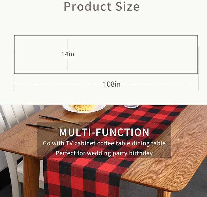 Tosewever Christmas Buffalo Check Plaid Table Runner, Cotton Polyester Blend Classic Family Dinner Table Runners for Indoor Outdoor Parties Events Home Decoration (Red and Black, 14 x 108 Inch)