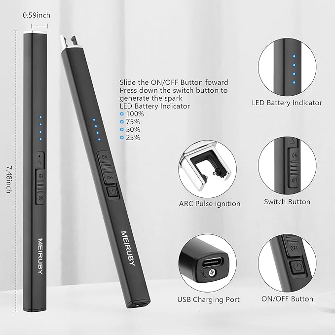 MEIRUBY Lighter Electric Candle Lighter Long Electronic Rechargeable USB Arc Windproof Flameless Lighters for Candle Camping BBQ Birthday Women's Day Gifts for Women Mom Wife Men, Balck