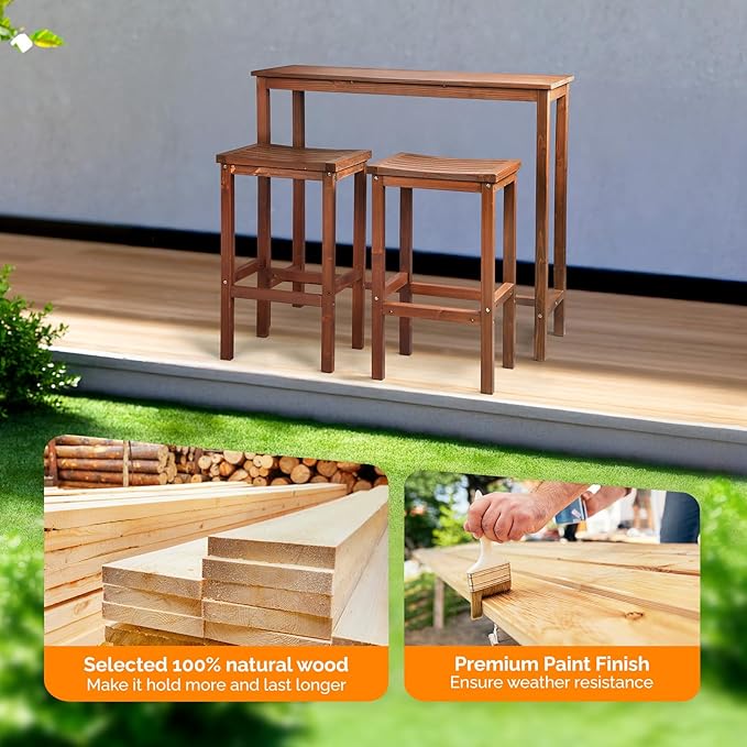 VINGLI 3-Piece Fir Wood Outdoor Bar Table and Chairs Set, Outdoor Bar Height Table with 2 Bar Stools Patio Bistro Set for Garden Balcony Backyard (Brown)
